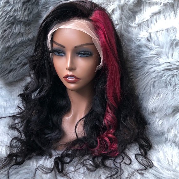 Sold ❗️ 100% Human Hair Lace Front Wig • Body Wave 28” Black w/ Hot Pink Stripe - Picture 7 of 15